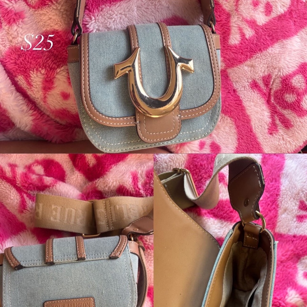 True Religion Blue and Tan Crossbody Bag with Gold Hardware